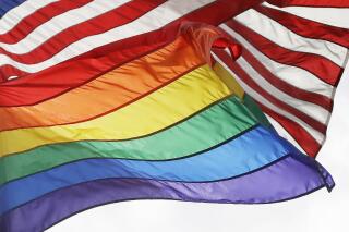 FILE - The LGBTQ+ pride flag flies beneath the American flag at the Stonewall National Monument, Oct. 11, 2017, in New York. Veterans Affairs Secretary Denis McDonough has authorized flying of the LGBTQ+ pride flag at all VA facilities throughout Pride Month, VA Press Secretary Terrence Hayes said in a statement on Tuesday, June 6, 2023. (AP Photo/Mark Lennihan, File)