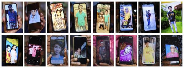 In this combination of photos, relatives hold images of some of those lost when their crowded boat carrying around 180 people sank in the sea south of Bangladesh on Dec. 7, 2022. Top row from left are Muhammed Khanif; Mezanu; Majida Bibi; Dildar Ullah; Majida Bibi and Dildar Ullah; Samira Begum holding her son, Tasin Ahmed; Kabir Ahmed and Saiful. Bottom row from left are Yasmin Ara and Noor Kaida; Ziabul Hoque and Azizul Hoque; Kabir Ahmed; Asmat Ullah; Mubarak Hussain; Asma Bibi; Noor Hassan and Noor Hashim. (AP Photo)