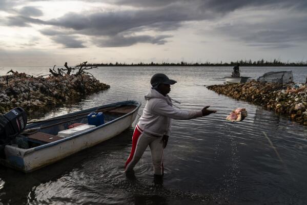 Tereha Davis tosses a conch shell off to the side as she prepares to launch her boat to go conch fishing off the coast of McLean's Town, Grand Bahama Island, Bahamas, Monday, Dec. 5, 2022. Five generations of Tereha Davis' family have fished for conch from waters around the Bahamas that teemed with the shellfish for centuries. But in recent years, Davis and conch fishers like her have had to go farther and farther from shore to find the mollusks. (AP Photo/David Goldman)