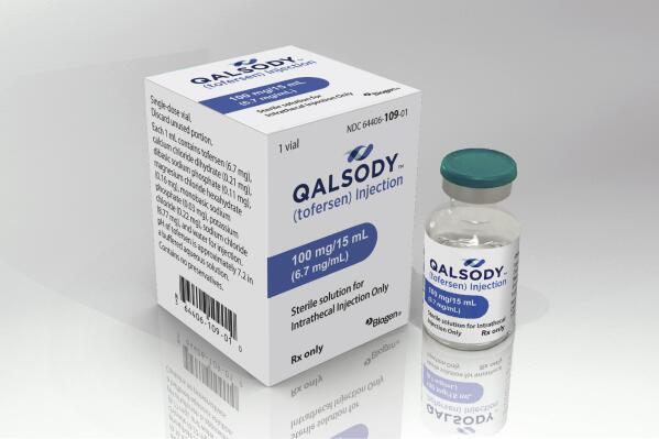 This image provided by Biogen in April 2023 shows the company's drug Qalsody. On Tuesday, April 25, 2023, the FDA approved the first-of-a-kind drug for a rare form of Lou Gehrig’s disease, though they are requiring further research to confirm it truly helps patients. (Biogen via AP)