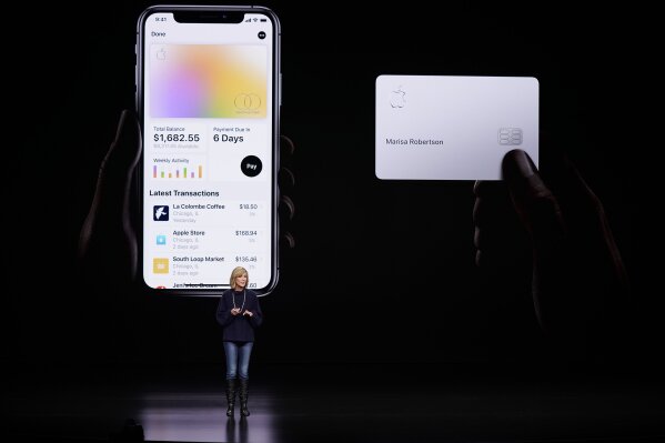 
              FILE- In this Monday, March 25, 2019, file photo, Jennifer Bailey, vice president of Apple Pay, speaks about the Apple Card at the Steve Jobs Theater during an event to announce new products in Cupertino, Calif. Apple is hoping a credit card will entice more iPhone owners to use Apple Pay. (AP Photo/Tony Avelar, File)
            